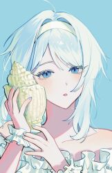 Rule 34 | 1girl, bare shoulders, blue background, blue nails, collarbone, conch, faust (project moon), hairband, highres, holding, holding shell, limbus company, medium hair, parted lips, portrait, project moon, shell, sidelocks, solo, szztzzs, white hair, white hairband, wrist cuffs