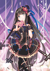 Rule 34 | 1girl, bare shoulders, black hair, blue eyes, bow, chain, dress, heart, long hair, looking at viewer, pantyhose, ribbon, selenoring, smile, solo, souseiki aster gate, very long hair, wristband