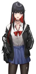 Rule 34 | 1girl, backpack, bag, black hair, black legwear, choker, commentary, ear piercing, expulse, grey eyes, hands in pockets, highres, jacket, long hair, looking at viewer, mole, mole under eye, mouth piercing, multicolored hair, off shoulder, original, piercing, pleated skirt, red hair, school uniform, simple background, skirt, solo, symbol-only commentary, torn clothes, torn legwear, two-tone hair, white background, zenith (expulse)