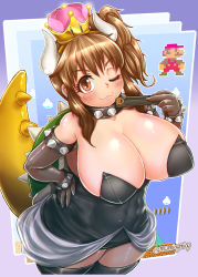 Rule 34 | 1girl, 8-bit, armlet, bare shoulders, black collar, black leotard, black nails, black thighhighs, blush, bowsette, bowsette (cosplay), bracelet, breasts, brown eyes, brown hair, cleavage, closed mouth, collar, commentary request, cosplay, covered navel, crossover, crown, curvy, dress, eyelashes, fang, hand on own hip, hand up, highres, horns, huge breasts, idolmaster, idolmaster cinderella girls, jewelry, korean commentary, leaning forward, leotard, long hair, looking at viewer, mario, mario (series), moroboshi kirari, mu inochi, nail polish, new super mario bros. u deluxe, nintendo, one eye closed, ponytail, shell, sidelocks, skindentation, smile, solo, spiked armlet, spiked bracelet, spiked collar, spiked shell, spikes, standing, strapless, strapless leotard, super crown, super mushroom, thick thighs, thighhighs, thighs, wavy mouth