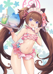 Rule 34 | 1girl, animal ears, bikini, blue archive, breasts, brown hair, chingisu, choker, collarbone, cup, drink, drinking glass, drinking straw, flower, frilled bikini, frills, hair flower, hair ornament, halo, highres, long hair, looking at viewer, maid headdress, navel, open mouth, pink bikini, purple eyes, ribbon choker, shizuko (blue archive), shizuko (swimsuit) (blue archive), small breasts, smile, solo, standing, stomach, swimsuit, tray, twintails, very long hair, white background