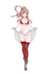 Rule 34 | 1girl, absurdres, alternate costume, bare shoulders, blue eyes, boots, bra, breasts, cleavage, full body, highres, kantai collection, large breasts, long hair, looking at viewer, navel, neve (morris-minicooper), panties, parted lips, red bra, red hair, red panties, red thighhighs, saratoga (kancolle), shawl, simple background, smokestack hair ornament, solo, thighhighs, thong, underwear, white background, white shawl