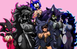 Rule 34 | 6+girls, absurdres, animal ears, black dress, black hair, black sclera, blinking, blood, bloody tears, blue eyes, blue hair, breasts, cassandra (jmc), cleavage, colored sclera, crying, crying with eyes open, dress, eyeshadow, furry, highres, jmccormick, large breasts, long hair, looking at viewer, looking down, looking up, lord x (sonic.exe), makeup, mario.exe, meme attire, milady x (jmc), modakawa dress, multiple girls, open mouth, original, personification, purple hair, red dress, red eyeshadow, rewrite (sonic.exe), rewriterina (jmc), short hair, sonic.exe, sonic (series), sonic the hedgehog, static, static body, tail, tears, teeth, third eye, two-tone eyes, vhs-chan (jmc), w.res (jmc), xanthera (jmc), xanthus (sonic.exe), yellow eyes