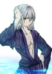 Rule 34 | 00s, 1boy, bad id, bad twitter id, hand on own head, hand on own hip, japanese clothes, male focus, open clothes, red eyes, short hair, solo, tohno shiki (2), tsukihime, urako, water, wet, wet clothes, wet hair, white hair