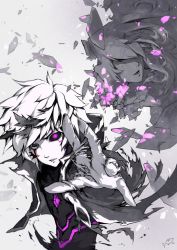 Rule 34 | 1boy, 1girl, add (elsword), black sclera, blood, blood on face, bodysuit, colored sclera, diabolic esper (elsword), elsword, facial tattoo, mismatched sclera, pixel (monorainy), purple eyes, breaking, tattoo, torn clothes, white hair