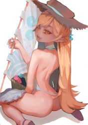 Rule 34 | 1girl, :d, absurdres, ass, back, backless outfit, banner, bare shoulders, basket, blush, doughnut, dress, fang, food, g li, hat, highres, long hair, looking at viewer, monogatari (series), no panties, open mouth, oshino shinobu, pointy ears, sandals, sitting, smile, solo, straw hat, teeth, very long hair, wariza, yellow eyes