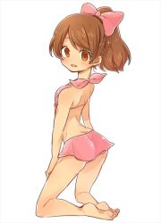 Rule 34 | 1girl, ass, barefoot, bikini, bikini skirt, blush, bow, breasts, brown eyes, brown hair, from behind, hair bow, kneeling, kodama fumika, long hair, looking at viewer, looking back, midriff, open mouth, pink bikini, ponytail, small breasts, smile, solo, swimsuit, teeth, white background, youkai watch