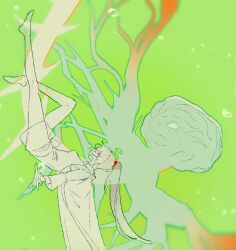 Rule 34 | 1girl, bare legs, brain, carmen (project moon), dress, enkephalin (project moon), green background, greyscale with colored background, high ponytail, highres, lab coat, limbus company, lobotomy corporation, nervous system, patchfire, project moon, simple background, solo, upside-down