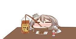 Rule 34 | 1girl, bottle, closed eyes, commentary request, drinking, drinking straw, food, grey hair, hat, kantai collection, kebab, mini hat, nanakusa suzuna, pola (kancolle), simple background, smile, solo, table, thick eyebrows, tilted headwear, upper body, wavy hair, white background