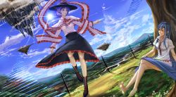 Rule 34 | 2girls, against tree, ascot, barefoot, black skirt, blue hair, blue sky, boots, capelet, cloud, cross-laced footwear, day, dress, dutch angle, floating island, flower, frills, full body, grass, hand on own knee, haru-kun, hat, hat ribbon, highres, hill, hinanawi tenshi, lace-up boots, landscape, long hair, long sleeves, looking at another, multiple girls, nagae iku, nature, no headwear, no socks, on ground, outdoors, pink shirt, popped collar, puffy sleeves, red eyes, ribbon, river, shawl, shirt, short hair, short sleeves, sitting, skirt, sky, stairs, sun, sun hat, touhou, tree, wing collar