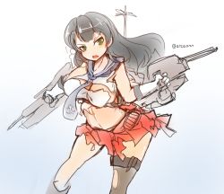Rule 34 | 10s, 1girl, agano (kancolle), arceonn, black hair, breasts, cannon, cleavage, female focus, gradient background, green eyes, kantai collection, large breasts, long hair, mecha musume, midriff, miniskirt, necktie, sailor collar, skirt, solo, thighhighs, torn clothes, torn skirt, torn thighhighs