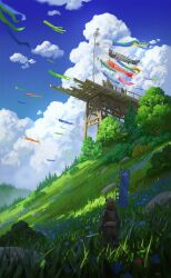 Rule 34 | 1other, armor, banner, blue sky, bridge, bush, cloud, cloudy sky, cyclecircle, day, field, flag, forest, from behind, highres, hill, japanese armor, kite, nature, original, outdoors, plant, rock, ruins, samurai, scenery, sky, solo, standing, tree, wide shot