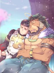 Rule 34 | 2boys, animal ears, arsalan (tokyo houkago summoners), bara, bare pectorals, beard, black bodysuit, black hair, blonde hair, blush, bodysuit, bracelet, branch, brown fur, bulge, closed eyes, clothing cutout, couple, facial hair, feet out of frame, furry, furry male, furry with non-furry, green hair, halo, highres, interspecies, jewelry, large pectorals, leaning to the side, lion boy, lion ears, male focus, medium hair, multicolored hair, multiple boys, muscular, nipples, pectorals, short hair, skin tight, sleeping, sleeping on person, sleeping upright, stubble, thick thighs, thigh cutout, thighs, tight clothes, tokyo houkago summoners, two-tone hair, wafu (youzora samo18), yellow eyes, zabaniyya (housamo)