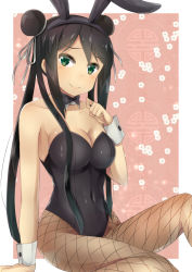 Rule 34 | 1girl, animal ears, black bow, black bowtie, black hair, black leotard, bow, bowtie, breasts, cleavage, covered navel, detached collar, double bun, fake animal ears, fei li, green eyes, hair bun, leotard, long hair, looking at viewer, masaki kazusa, medium breasts, pantyhose, playboy bunny, rabbit ears, school girl strikers, sitting, smile, solo, strapless, strapless leotard, twintails, wrist cuffs