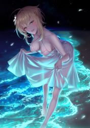 Rule 34 | 1girl, :d, absurdres, ahoge, alternate costume, bare arms, bare legs, bare shoulders, barefoot, blonde hair, blush, breasts, cleavage, collarbone, criss-cross halter, dress, flower, genshin impact, glowing, hair flower, hair ornament, halter dress, halterneck, hanging breasts, highres, ia (ias1010), large breasts, leaning forward, looking at viewer, lumine (genshin impact), night, ocean, open mouth, outdoors, petals, see-through, short hair, skirt hold, sleeveless, sleeveless dress, smile, solo, wading, water, white dress, white flower, yellow eyes