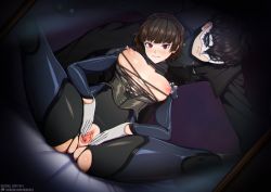Rule 34 | 1boy, 1girl, black jumpsuit, braid, jumpsuit, leaning on person, niijima makoto, nipples, persona, persona 5, pussy, spread legs, spread pussy, tagme, torn clothes