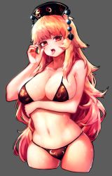 Rule 34 | 1girl, areola slip, bare arms, bare shoulders, bikini, black bikini, black hat, blonde hair, breast hold, breasts, cleavage, crescent, cropped legs, fellatio gesture, gradient hair, grey background, halterneck, hand up, hat, highres, junko (touhou), korean commentary, large breasts, long hair, looking at viewer, mo ne, multicolored hair, navel, red eyes, simple background, solo, stomach, swimsuit, tassel, tongue, tongue out, touhou, very long hair, wet