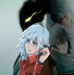 Rule 34 | 4boys, back-to-back, black gloves, blue hair, boku no hero academia, cloud, commentary, different reflection, eraser head (boku no hero academia), gloves, glowing, glowing eye, grey background, grey hair, hair between eyes, half gloves, hand up, highres, jacket, kurogiri (boku no hero academia), long hair, loud cloud, male focus, messy hair, mirror, mole, mole under mouth, multiple boys, red eyes, red jacket, reflection, scar, scar on face, scarf, shigaraki tomura, simple background, spoilers, standing, trevo (trevoshere), twitter username, wrinkled skin, yellow eyes