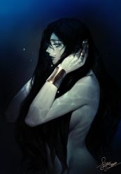 Rule 34 | 1other, absurdres, androgynous, black hair, blue eyes, blue theme, bracelet, closed mouth, crying, crying with eyes open, from side, hands up, highres, jewelry, long hair, original, pigeon666, profile, ring, signature, solo, tears, underwater