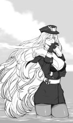 Rule 34 | 1girl, absurdres, azur lane, bad id, bad pixiv id, breasts, cigarette, cleavage, gloves, graf zeppelin (azur lane), greyscale, hand on breast, hat, highres, long hair, looking away, military, military hat, military uniform, monochrome, radiocupcake, simple background, smoking, solo, uniform