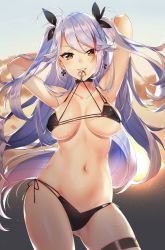 Rule 34 | 1girl, ahoge, anchor symbol, armpits, arms behind head, azur lane, bikini, black bikini, black choker, blush, breasts, brown eyes, choker, cloud, commentary request, cross, earrings, flag print, german flag, german flag bikini, gluteal fold, hair between eyes, hair ribbon, highres, iron cross, jewelry, kitazume kumie, large breasts, long hair, looking at viewer, mouth hold, multicolored hair, navel, parted lips, prinz eugen (azur lane), prinz eugen (unfading smile) (azur lane), ribbon, shiny skin, side-tie bikini bottom, silver hair, skindentation, sky, smile, solo, sunset, swimsuit, thigh strap, two-tone hair, two side up, underboob