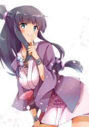 Rule 34 | 1girl, maya fey, black hair, blue eyes, breasts, ca2la, closed mouth, ace attorney, hair ornament, half updo, highres, japanese clothes, jewelry, kimono, long hair, looking at viewer, magatama, necklace, smile, solo