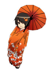 Rule 34 | 1girl, black hair, brown eyes, crab, hair ornament, hairpiece, japanese clothes, kimono, kyeonjoo, long sleeves, oil-paper umbrella, one eye closed, orange theme, original, parasol, sandals, simple background, sleeves past wrists, smile, solo, umbrella, white background, wide sleeves, wink