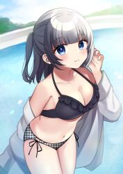 Rule 34 | 1girl, bare shoulders, bikini, black bikini, blue eyes, blue nails, blue sky, breasts, cleavage, closed mouth, cloud, cloudy sky, collarbone, commentary request, day, frilled bikini, frills, grey hair, houndstooth, jacket, looking at viewer, medium breasts, minami saki, mismatched bikini, multicolored hair, nail polish, navel, off shoulder, one side up, open clothes, open jacket, original, outdoors, print bikini, side-tie bikini bottom, sky, solo, swimsuit, two-tone hair, water, white bikini, white jacket