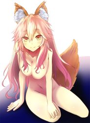 Rule 34 | 1girl, animal ear fluff, bad id, bad pixiv id, breasts, breasts squeezed together, closed mouth, collarbone, fate/extra, fate (series), fox girl, fox tail, hair between eyes, large breasts, long hair, looking at viewer, navel, nidaime (doronbo), nude, sitting, smile, solo, tail, tamamo (fate), tamamo no mae (fate/extra), very long hair, yellow eyes