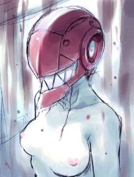 00s 1girl breasts elfen_lied female_focus helmet kaede_(character) lucy_(elfen_lied) matsumoto_noriyuki nipples sketch solo topless