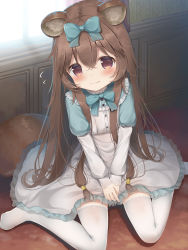 Rule 34 | 1girl, animal ear fluff, animal ears, blush, bow, brown eyes, brown hair, closed mouth, dress, fang, fang out, female focus, hair bow, highres, indoors, long hair, looking at viewer, no shoes, on floor, psyche3313, raccoon ears, raccoon girl, raccoon tail, raphtalia, ribbon, sitting, smile, solo, tail, tate no yuusha no nariagari, thighhighs, thighs, v arms, wariza, white dress, white thighhighs