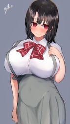 Rule 34 | 1girl, black hair, blush, bow, bowtie, breasts, bursting breasts, button gap, buttons, closed mouth, dress shirt, hair between eyes, highres, huge breasts, kantai collection, looking at viewer, minegumo (kancolle), miyako (rgrayt), one-hour drawing challenge, plaid, plaid bow, plaid bowtie, plaid neckwear, pleated skirt, red bow, red bowtie, red eyes, shirt, short hair, short sleeves, skirt, solo, suspender skirt, suspenders, takao (kancolle), taut clothes, taut shirt, white shirt