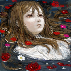 Rule 34 | 1girl, brown eyes, brown hair, face, flower, hamlet, lips, long hair, ophelia (painting), ophelia (shakespeare), partially submerged, petals, ponsuke (pon00000), red flower, red rose, rose, solo, water