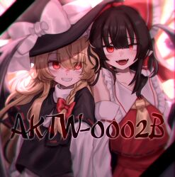 Rule 34 | 2girls, album cover, album name, ascot, blonde hair, bow, braid, brown hair, commentary request, cover, detached sleeves, fangs, frilled bow, frilled hair tubes, frills, grin, hair bow, hair tubes, hakurei reimu, hat, hat bow, highres, holding hands, karasu2020 8, kirisame marisa, long hair, long sleeves, looking at viewer, multiple girls, open mouth, red bow, red eyes, ribbon-trimmed sleeves, ribbon trim, side braid, single braid, smile, touhou, white bow, wings, witch hat, yellow ascot