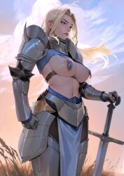 Rule 34 | 1girl, absurdres, areola slip, armor, belt, black pantyhose, blonde hair, blue eyes, breast curtains, breasts, closed mouth, cloud, cloudy sky, commission, couter, covered erect nipples, crop top, crotch plate, eyelashes, faulds, floating hair, gauntlets, gorget, grass, greaves, highres, knight, large breasts, limart, lips, looking afar, midriff, naked armor, navel, nipples, original, outdoors, paid reward available, pantyhose, pauldrons, red lips, rerebrace, shoulder armor, shrug (clothing), sidelocks, sky, solo, spiked pauldrons, twilight, vambraces, wheat