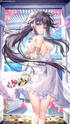 Rule 34 | 1girl, backless dress, backless outfit, bare shoulders, black hair, blush, bow, braid, breasts, commentary request, day, dress, english text, flower, frilled dress, frills, from behind, fujima takuya, green eyes, hair bow, highres, holding, holding flower, long hair, looking at viewer, looking back, medium breasts, original, parted lips, pink flower, sideboob, solo, standing, twitter username, very long hair, water, white bow, white dress