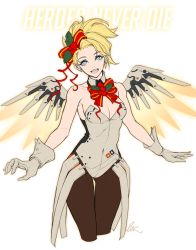 Rule 34 | 1girl, :d, adapted costume, armor, bare shoulders, blonde hair, blue eyes, bow, bowtie, breasts, brown pantyhose, christmas, cleavage, covered navel, cowboy shot, detached collar, earrings, elbow gloves, faulds, gloves, glowing, glowing wings, gluteal fold, highres, jewelry, leotard, looking at viewer, lsr, mechanical wings, medium breasts, mercy (overwatch), nessie (ni  t), open mouth, outstretched arms, overwatch, overwatch 1, pantyhose, ponytail, signature, smile, solo, spread wings, strapless, strapless leotard, stud earrings, swiss flag, teeth, thigh gap, transparent background, white gloves, white leotard, wings, yellow wings