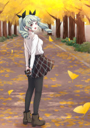 Rule 34 | 1girl, :d, anchovy (girls und panzer), arms behind back, autumn, autumn leaves, black pantyhose, black ribbon, black skirt, blurry, blurry background, brown footwear, camera, commentary, day, depth of field, drill hair, girls und panzer, green hair, hair ribbon, holding, holding behind back, holding camera, katakori sugita, long hair, long sleeves, looking at viewer, looking back, miniskirt, holding behind back, open mouth, outdoors, pantyhose, plaid, plaid skirt, pleated skirt, red eyes, ribbed sweater, ribbon, skirt, smile, solo, standing, sweater, tree, turtleneck, twin drills, twintails, wind