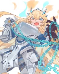 Rule 34 | 1girl, armor, blonde hair, blush, breastplate, breasts, chain, barghest (fate), barghest (first ascension) (fate), fate/grand order, fate (series), faulds, gauntlets, greaves, green eyes, horns, large breasts, long hair, looking at viewer, open mouth, pauldrons, shoulder armor, solo, thighs, vogel