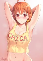 Rule 34 | 1girl, :o, ahoge, armpits, arms behind back, arms up, blush, bow, braid, breasts, character name, cleavage, collarbone, commentary, crop top, english commentary, gradient background, hair bow, highres, hiroki ree, looking at viewer, love live!, love live! sunshine!!, medium breasts, navel, parted lips, pink background, red eyes, short hair, side braid, signature, solo, sweat, takami chika, tank top, tareme, upper body, wet, yellow bow