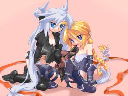 Rule 34 | 2girls, armor, bad id, bad pixiv id, bare shoulders, blonde hair, blue eyes, boots, borrowed character, braid, chocolate, feeding, flat chest, gauntlets, girl with a blonde braid (tomoshibi hidekazu), hairband, highres, kneeling, long hair, mof, mof&#039;s silver haired twintailed girl, multiple girls, navel, open clothes, original, panties, redrantem&#039;s orange haired girl, silver hair, simple background, sitting, smile, tattoo, thighhighs, twintails, underwear, very long hair, yuri