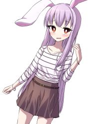 Rule 34 | 1girl, alternate costume, animal ears, arm up, belt, blush, bracelet, breasts, bright pupils, brown skirt, casual, collarbone, commentary request, contemporary, cowboy shot, curled fingers, dutch angle, highres, jewelry, light purple hair, long hair, long sleeves, looking at viewer, parted lips, rabbit ears, red eyes, reisen udongein inaba, shirt, simple background, skirt, small breasts, solo, striped clothes, striped shirt, touhou, tsukimirin, very long hair, white background, white pupils