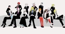 Rule 34 | 5girls, 6+boys, adjusting clothes, adjusting necktie, akuta hinako, anastasia (fate), animal ears, arm rest, ashwatthama (fate), bare shoulders, beryl gut, black-framed eyewear, black dress, black eyes, black footwear, black hair, black hairband, black jacket, black pants, black suit, blonde hair, blue eyes, blue hair, blue necktie, braid, breasts, brown eyes, brown hair, caenis (fate), cigarette, cleavage, closed mouth, cropped jacket, crossed arms, crossed legs, dark-skinned female, dark-skinned male, dark skin, daybit sem void, dress, earrings, eyepatch, facial hair, fate/grand order, fate (series), formal, full body, fur shawl, glasses, gloves, goatee stubble, gold hairband, gradient hair, green eyes, grey background, grey shirt, hair between eyes, hair intakes, hair over one eye, hair slicked back, hairband, halterneck, hand in pocket, hand on own hip, hand up, hands on lap, high heels, highres, horse ears, interlocked fingers, jacket, jewelry, kadoc zemlupus, kirschtaria wodime, knee up, leaning forward, long hair, long sleeves, looking ahead, looking at viewer, medium breasts, morgan le fay (fate), mouth hold, multicolored hair, multiple boys, multiple girls, naka (sm6130), navel, neck ribbon, necktie, no socks, official alternate costume, official art, ophelia phamrsolone, orange eyes, orange hair, own hands together, pants, pantyhose, parted lips, partially unbuttoned, ponytail, prince of lan ling (fate), pumps, purple hair, purple necktie, purple shirt, red eyes, red hair, red necktie, red pantyhose, red ribbon, ribbon, scandinavia peperoncino, serious, shawl, shirt, shoes, short hair, short sleeves, side slit, simple background, sitting, sleeveless, sleeveless dress, small breasts, smile, spiked hair, standing, strapless, strapless dress, stubble, suit, surtr (fate), tezcatlipoca (fate), twintails, two-tone hair, white gloves, white hair, white jacket, white shawl, white shirt, yellow necktie