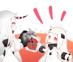 Rule 34 | 10s, 2girls, abyssal ship, claws, colored skin, detached sleeves, dress, eating, horns, kantai collection, long hair, marker, mittens, multiple girls, northern ocean princess, oyatsu (jzs 137), oyatsu (mk2), red eyes, seaport princess, single horn, snack, toppo, white dress, white hair, white skin