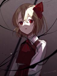 Rule 34 | 1girl, ascot, black skirt, black vest, blonde hair, collared shirt, hair between eyes, hair ribbon, highres, long sleeves, open mouth, red ascot, red eyes, red ribbon, ribbon, rumia, sate usazirou, shirt, short hair, skirt, solo, touhou, vest, white shirt
