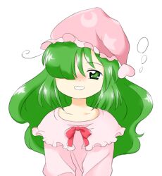 Rule 34 | 1girl, :d, bow, crescent print, green eyes, green hair, hair over one eye, hat, kazami yuuka, kazami yuuka (pc-98), long hair, looking at viewer, nightcap, nonamejd, official style, open mouth, pink hat, red bow, simple background, smile, solo, squeans, star (symbol), star print, touhou, touhou (pc-98), upper body, white background, zun (style)