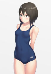 Rule 34 | 1girl, arms behind back, blue one-piece swimsuit, blush, breasts, brown eyes, brown hair, closed mouth, commentary, covered navel, cowboy shot, frown, grey background, highres, looking to the side, maburu (lojyq1eur3e8bit), one-piece swimsuit, original, school swimsuit, short hair, simple background, small breasts, solo, standing, sweatdrop, swimsuit, thigh gap