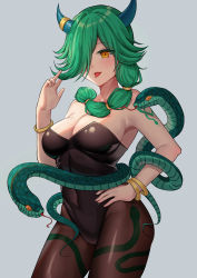 Rule 34 | absurdres, animal ears, bare shoulders, black legwear, blush, bracelet, breasts, brown eyes, cleavage, collarbone, fake animal ears, green hair, hair over one eye, hand on own hip, highres, horns, jewelry, large breasts, leotard, looking at viewer, medium hair, nontraditional playboy bunny, original, pantyhose, parted lips, playboy bunny, rabbit ears, smile, snake, tongue, tongue out, witch, ying jing meng