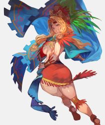 Rule 34 | 1girl, ass, aztec, back, blonde hair, blue cape, bracer, breasts, cape, chin piercing, fate/grand order, fate (series), feathers, green eyes, grin, headband, headdress, highres, knee pads, lack, large breasts, long hair, looking at viewer, looking back, orange skirt, parted bangs, poncho, quetzalcoatl (fate), sideboob, skirt, smile, solo, thighs