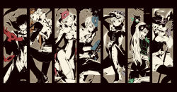 Rule 34 | 10s, 3boys, 4girls, ;), adjusting clothes, adjusting gloves, amamiya ren, armor, ass, belt, between legs, black border, bodysuit, border, breasts, candy, cat, cherry blossoms, cleavage, cleavage cutout, closed mouth, clothing cutout, column lineup, cross-laced clothes, cup, drinking, feathers, food, fox mask, full-length zipper, gloves, grey background, grin, hair ornament, hair over one eye, hairclip, half-closed eyes, hat, hat feather, high heels, highres, holding, kitagawa yuusuke, light smile, lollipop, long hair, mask, mask on head, medium breasts, megajet, monochrome, morgana (persona 5), multiple boys, multiple girls, niijima makoto, okumura haru, one eye closed, over shoulder, persona, persona 5, profile, revision, sakamoto ryuuji, sakura futaba, scarf, short hair, simple background, sitting, smile, spikes, spot color, standing, sword, takamaki anne, teacup, twintails, very long hair, wavy hair, weapon, zipper